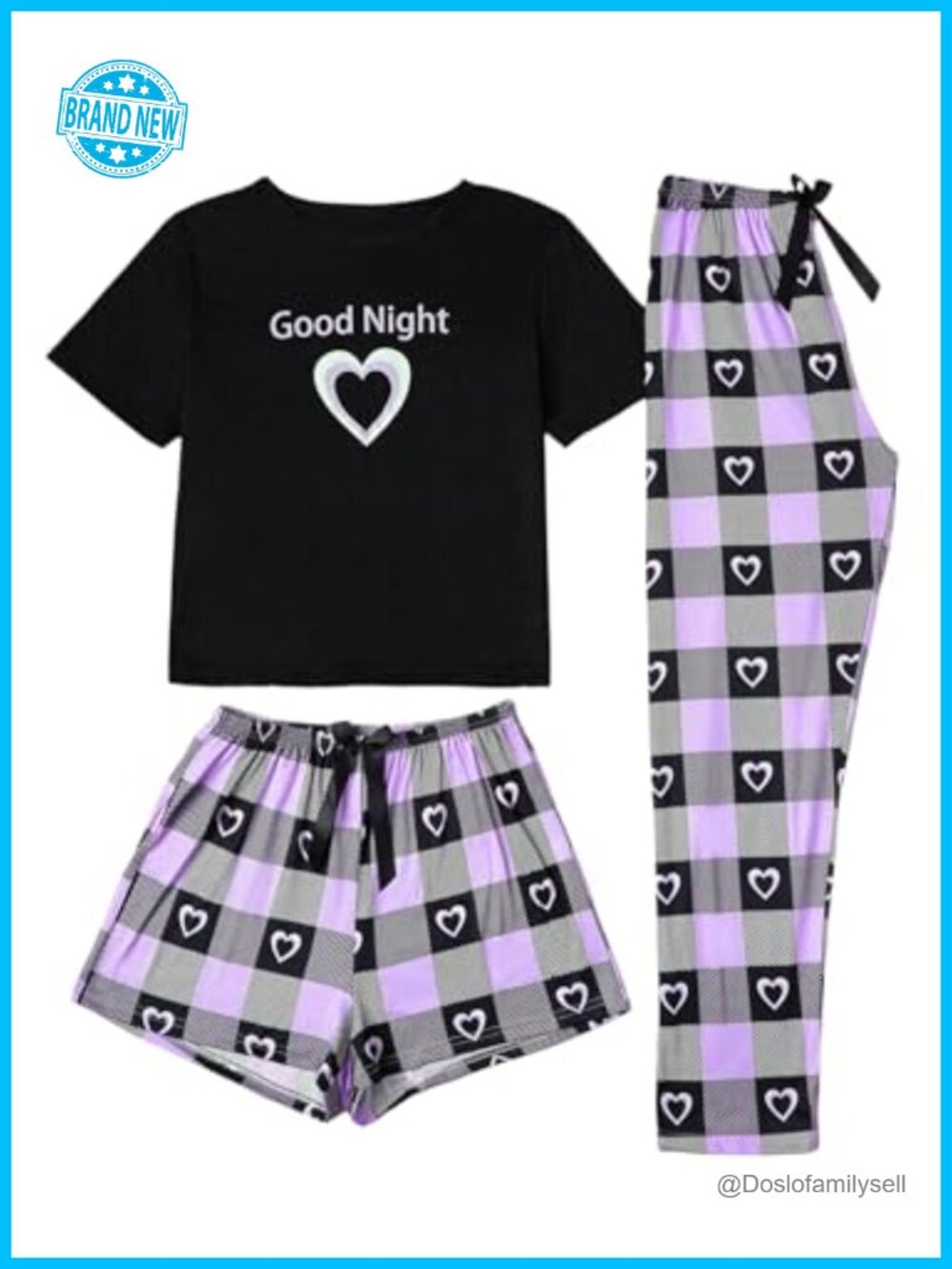 Women's 3 Piece Plaid Heart Print Pajama Set Short Sleeve Tee Lounge Shorts